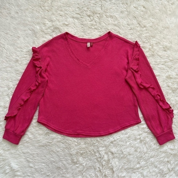 Anthropologie Pilcro Top Ruffled V-Neck Shirt Waffle Knit Raspberry Pink L - Picture 2 of 12
